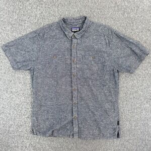 Patagonia Button Front Shirt Mens L Blue Hemp Organic Cotton Short Sleeve